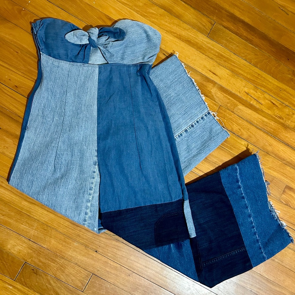 Jean Louise Strapless Denim Pantsuit | Size XS/S | Patchwork Jumpsuit- Tie Front